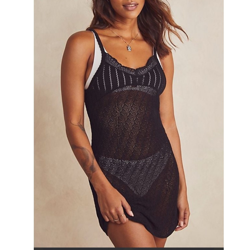 Intimately Free People Black Scarlett Pointelle Slip Dress Lace Trim Festival L
